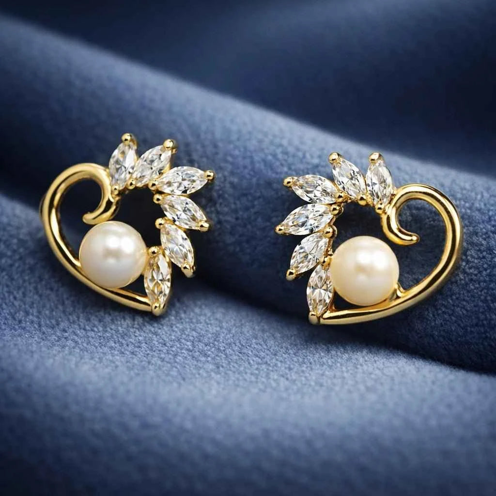 Gold-Plated Pearl & Marquise Zirconia Heart Studs – Elegant Floral Heart Design Earrings