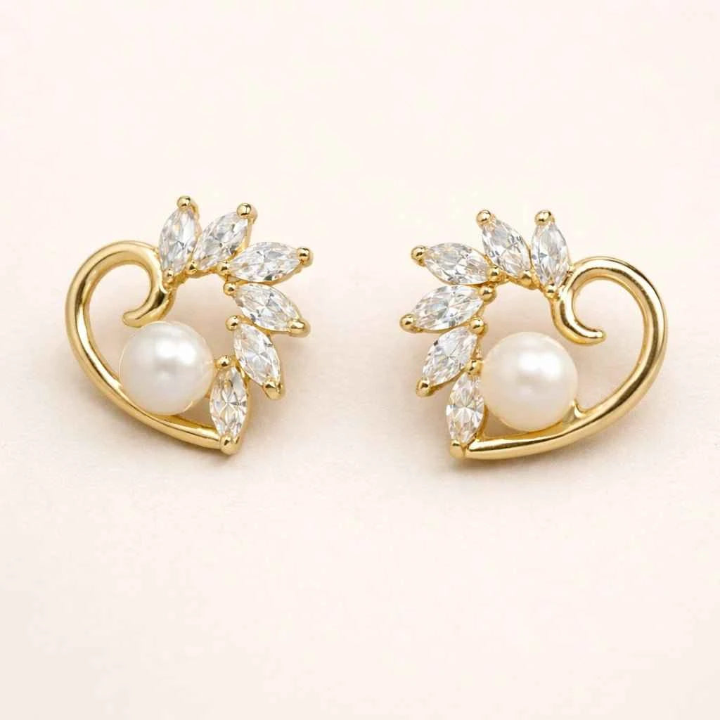 Gold-Plated Pearl & Marquise Zirconia Heart Studs – Elegant Floral Heart Design Earrings