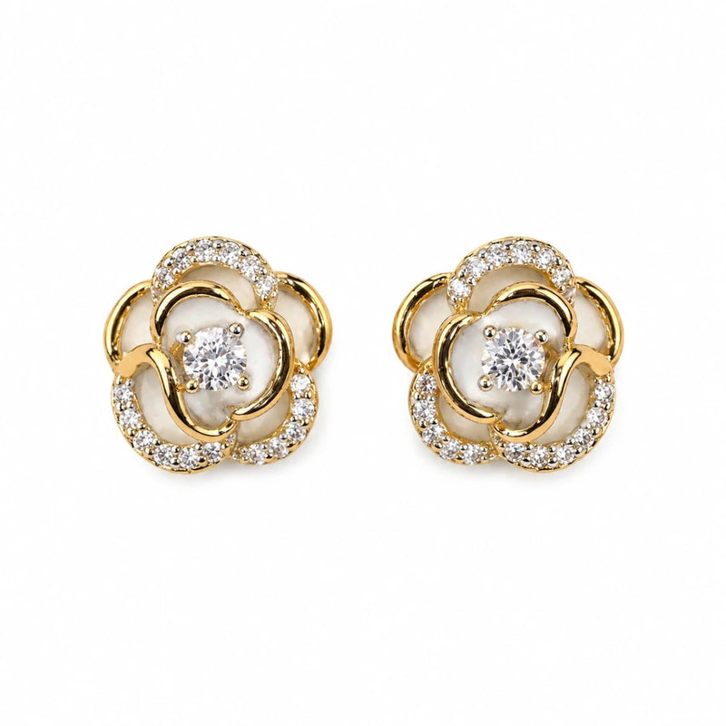 Crystal blossom stud earrings, paired view, gold-tone 925 silver with round center crystal