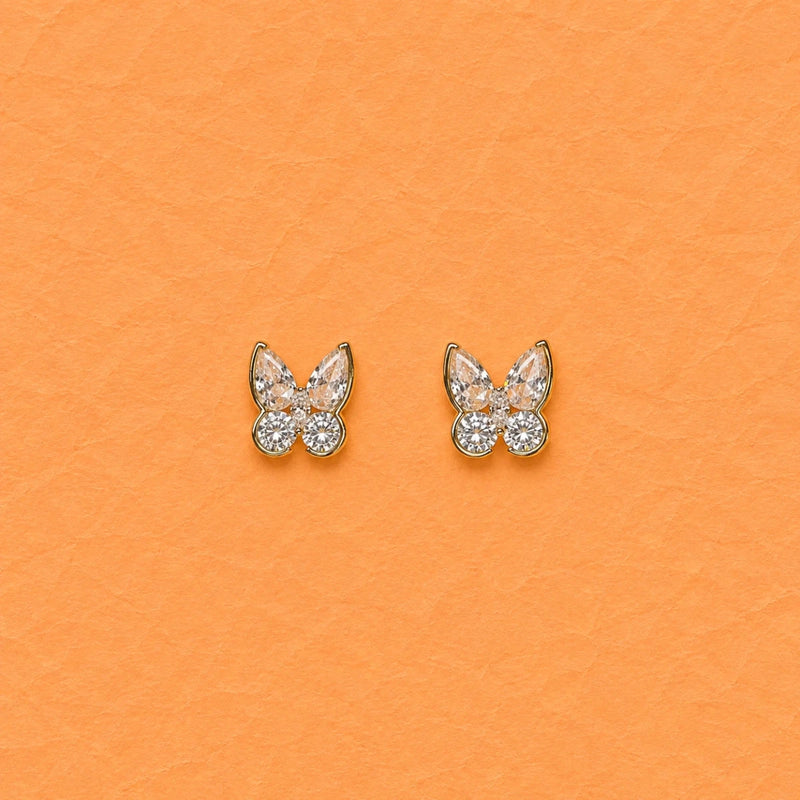 Butterfly crystal stud earrings in small outline with gold-toned posts and clear stones