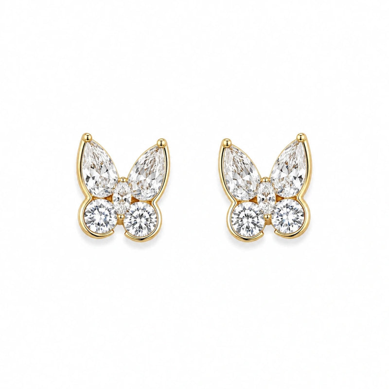 Butterfly crystal stud earrings, two-piece pair with gold-toned setting and clear stones