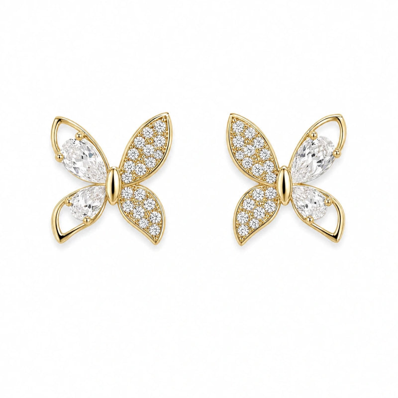 Butterfly stud earrings with gold-tone settings and clear zircon stone petals