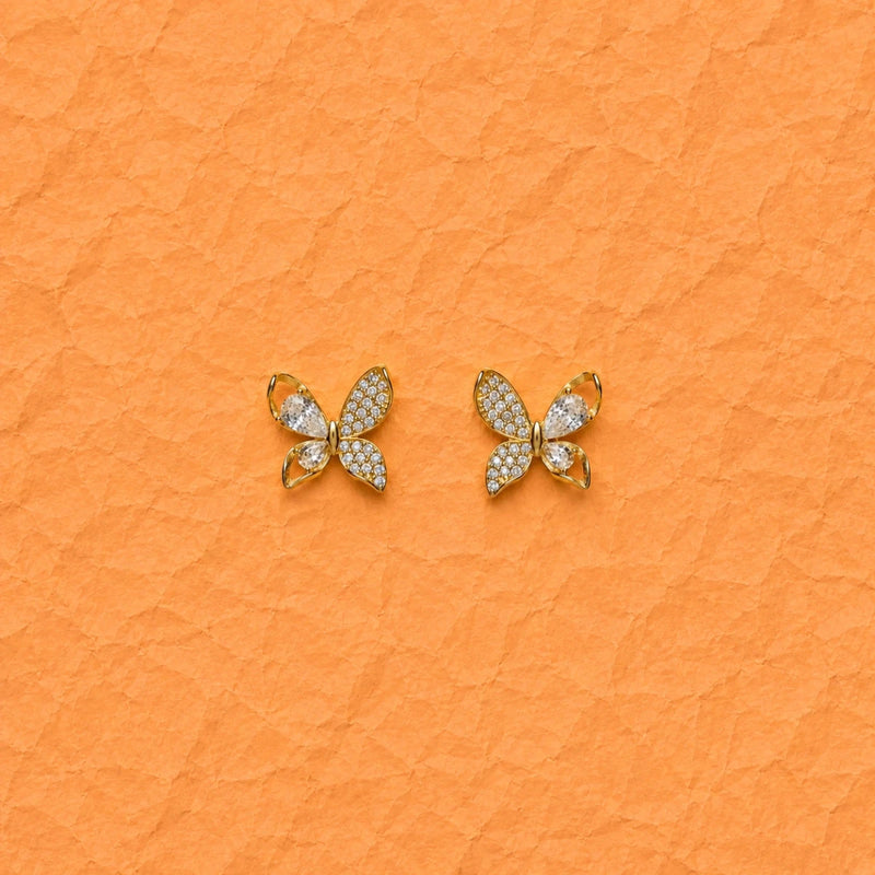 Butterfly stud earrings with gold-tone finish and clear zircon pavé stones