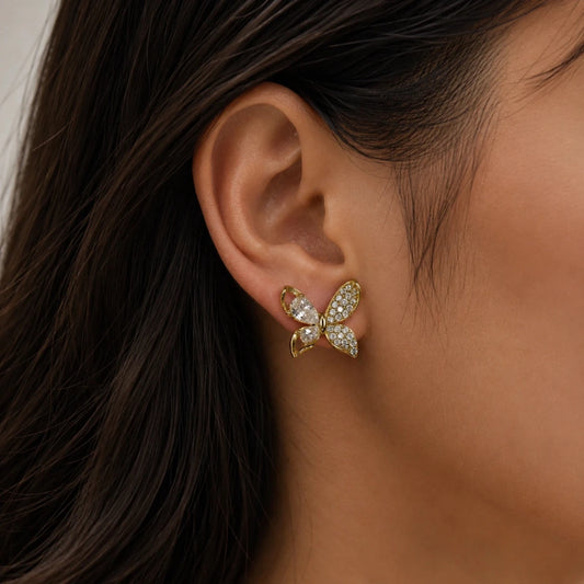 Golden Butterfly Zirconia Stud Earrings - 925 Silver Jewelery