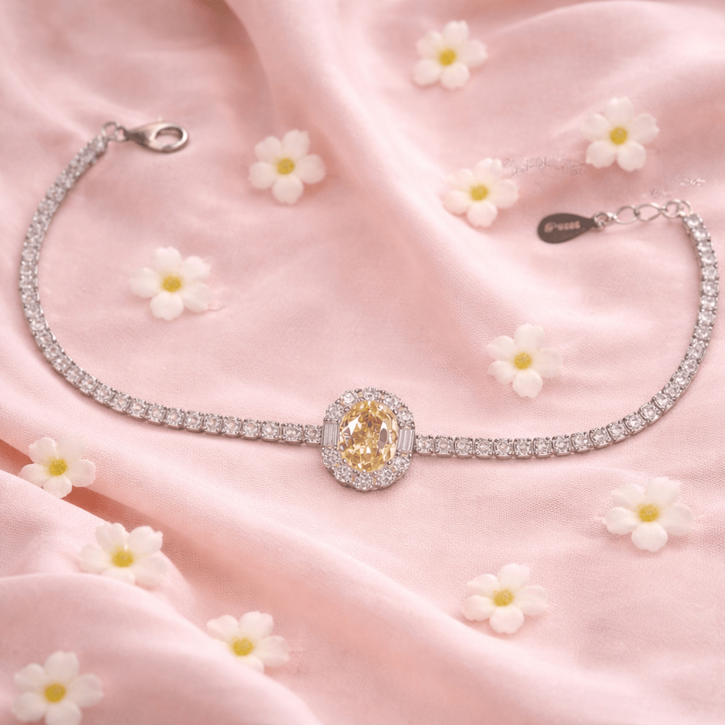 Golden Champagne Oval Halo Tennis Bracelet - Silvorn India