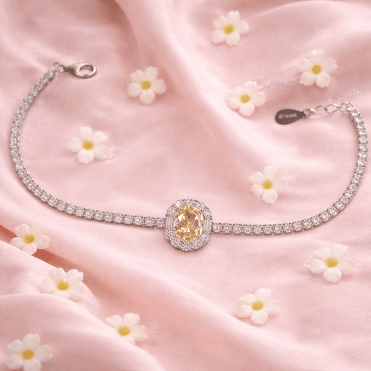 Golden Champagne Oval Halo Tennis Bracelet - 925 Silver Jewelery