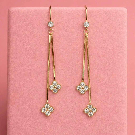 Golden Clover Dual Chain Drop Earrings - 925 Silver Jewelery