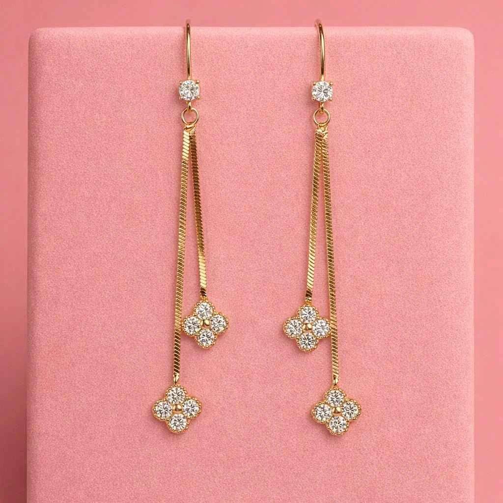 Golden Clover Dual Chain Drop Earrings