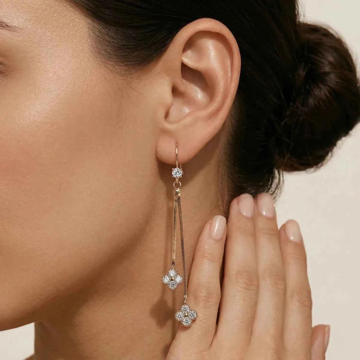 Golden Clover Dual Chain Drop Earrings