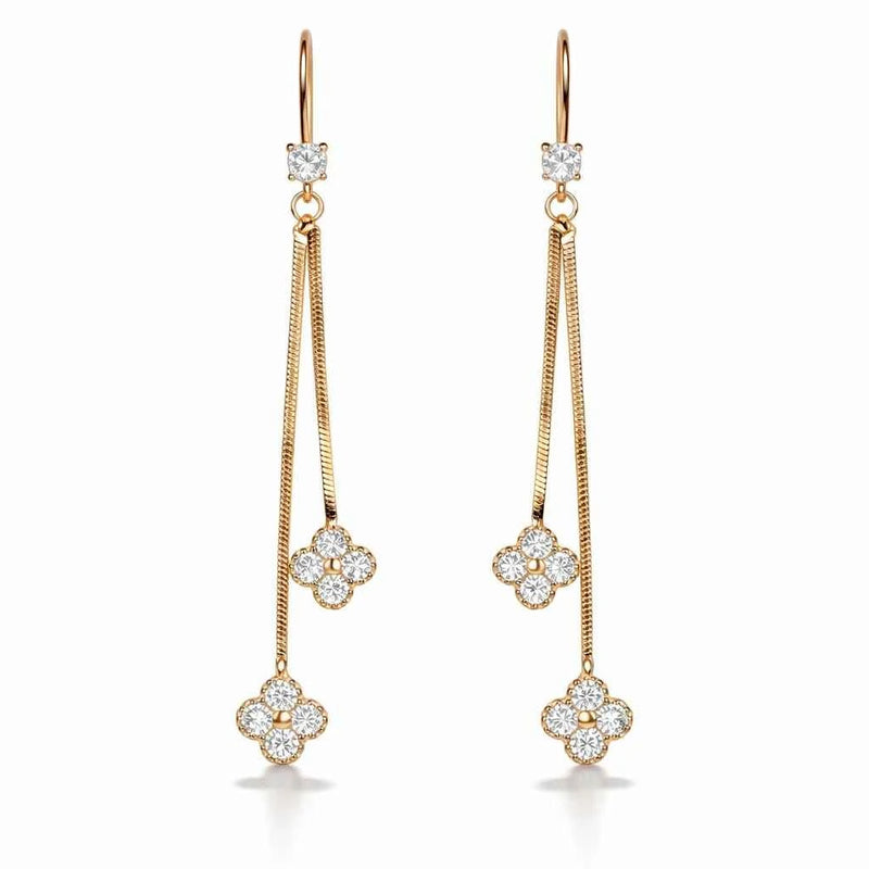 Dual chain drop earrings with clover charms, gold-tone dangling pair