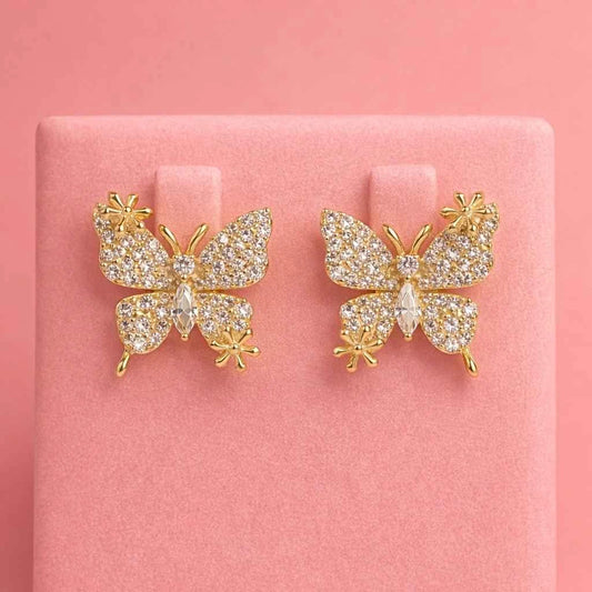 Golden Flutter Bloom Butterfly Stud Earrings - 925 Silver Jewelery