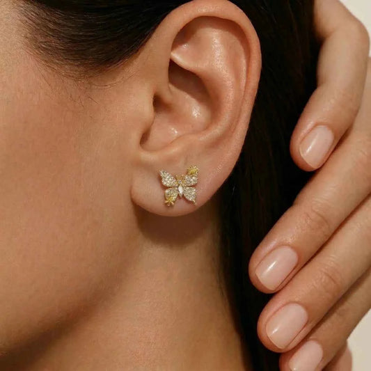 Golden Flutter Bloom Butterfly Stud Earrings - 925 Silver Jewelery