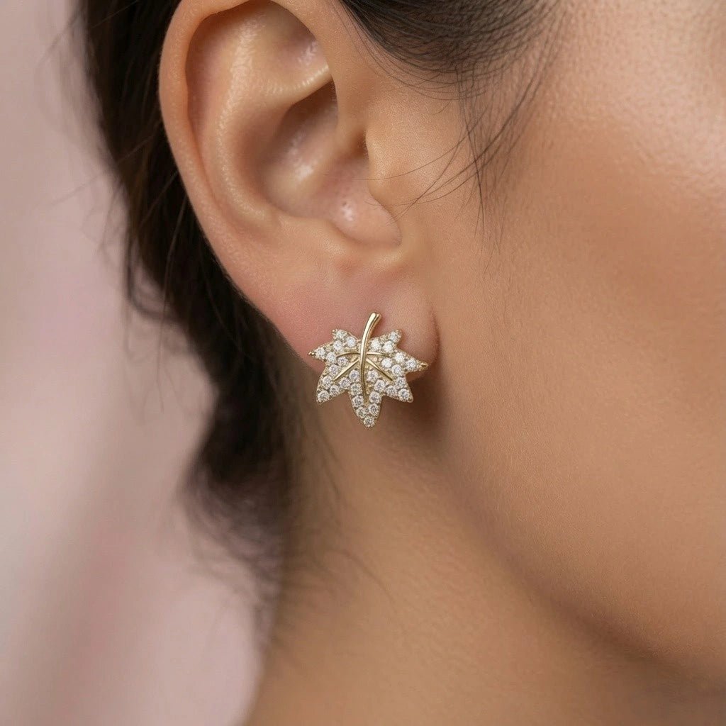 Golden Maple Leaf Crystal Studs - Silvorn India