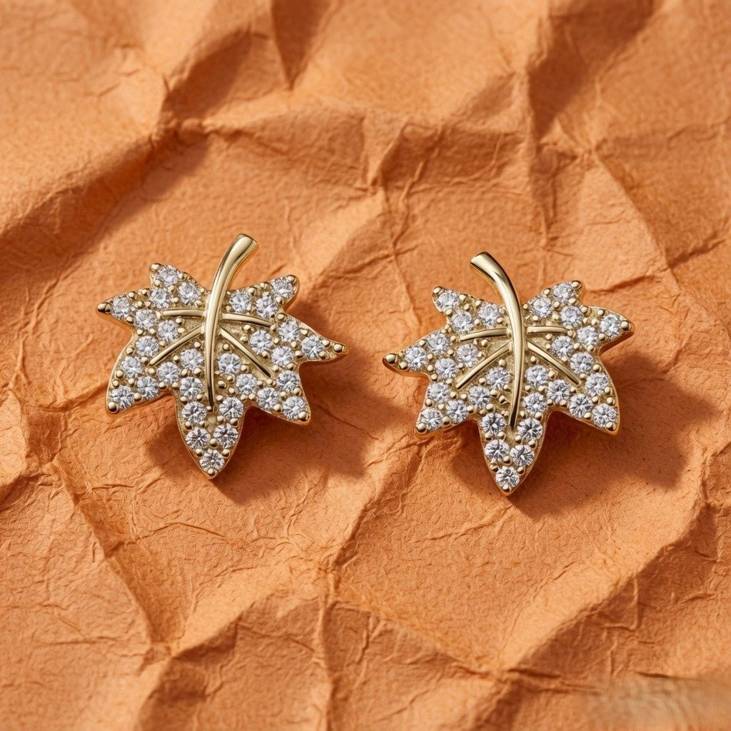 Golden Maple Leaf Crystal Studs - Silvorn India