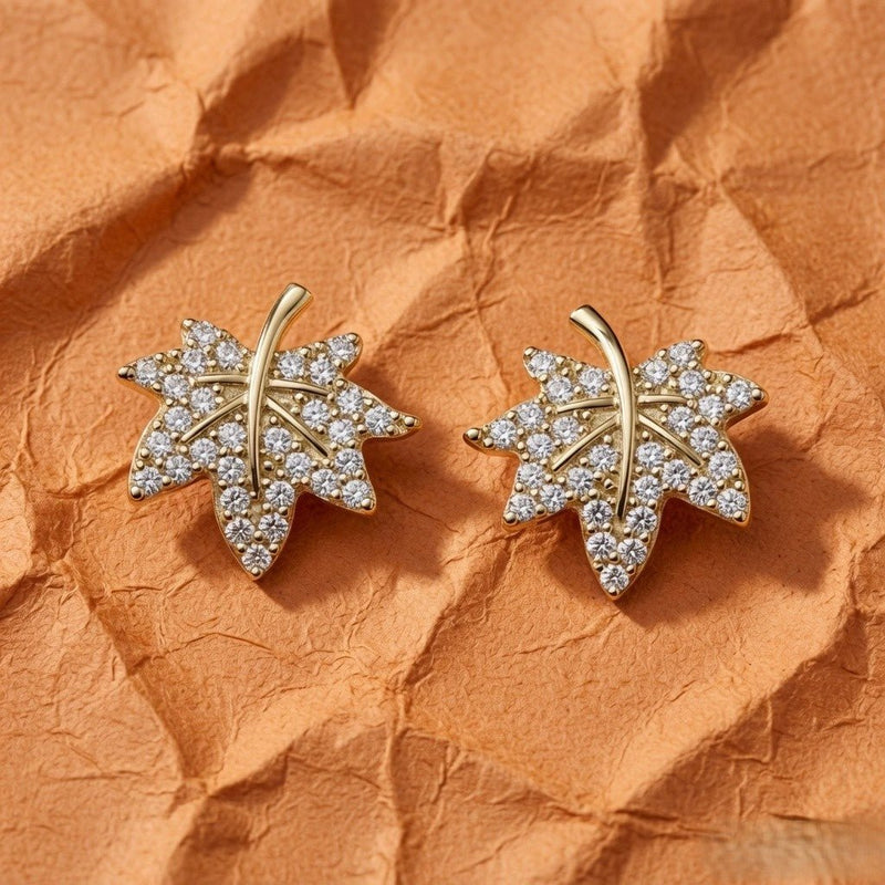 Maple leaf crystal stud earrings, gold-tone, with 925 silver posts