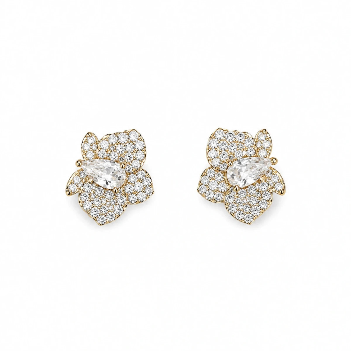 Gold-tone flower crystal stud earrings, front view