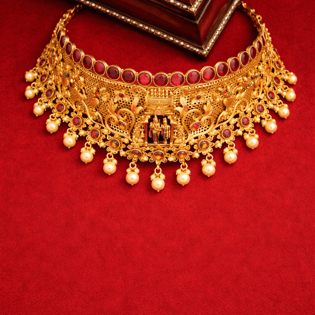 Grand Ruby Temple Choker Gold - Plated Necklace - Silvorn India