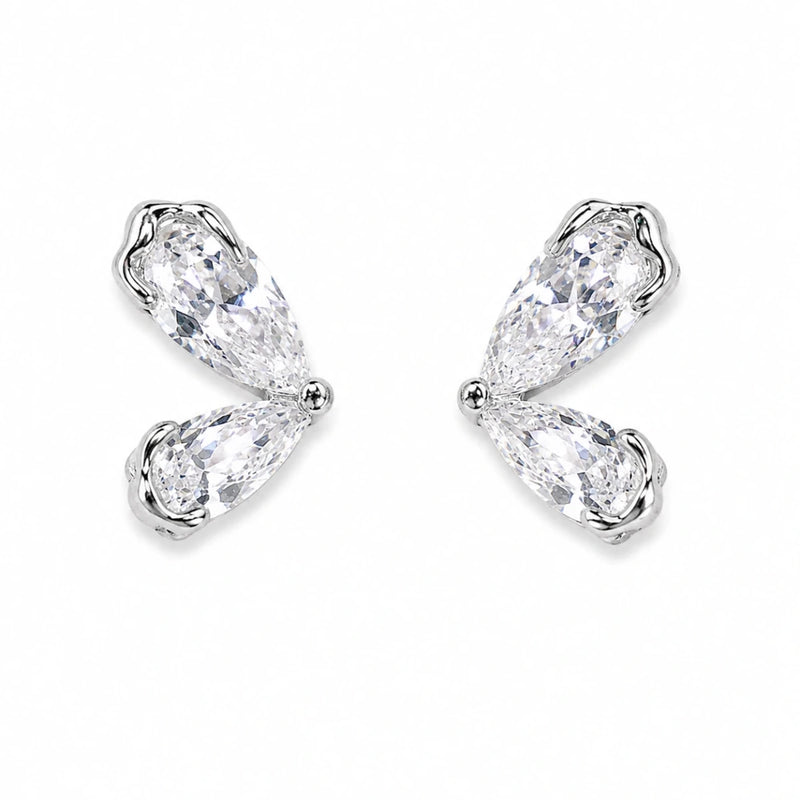 925 silver half butterfly crystal stud earrings with three clear crystal stones