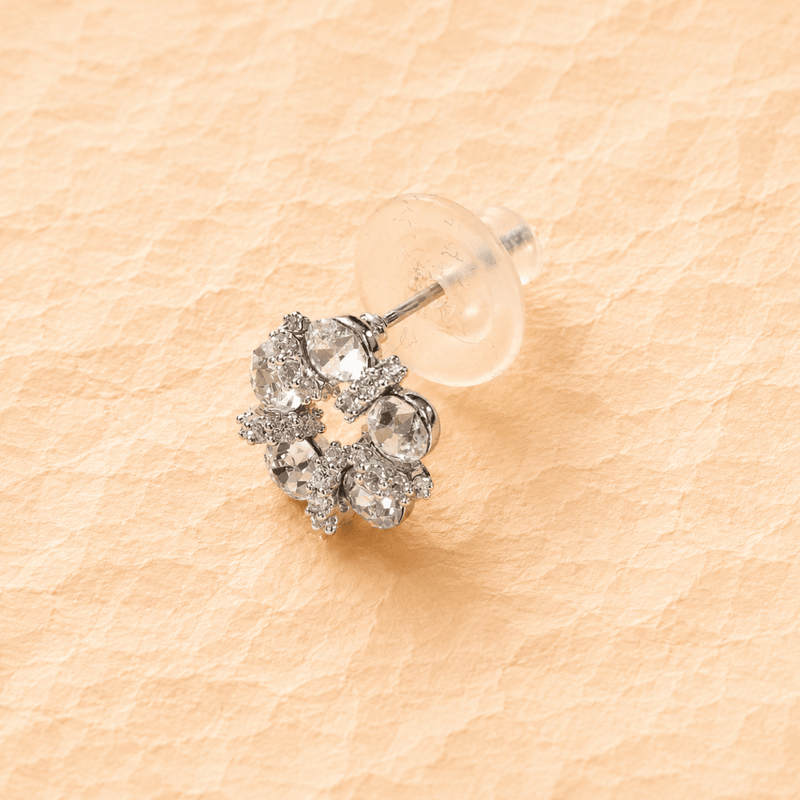 Silver halo circle bar stud earring with round crystal stones on a post.