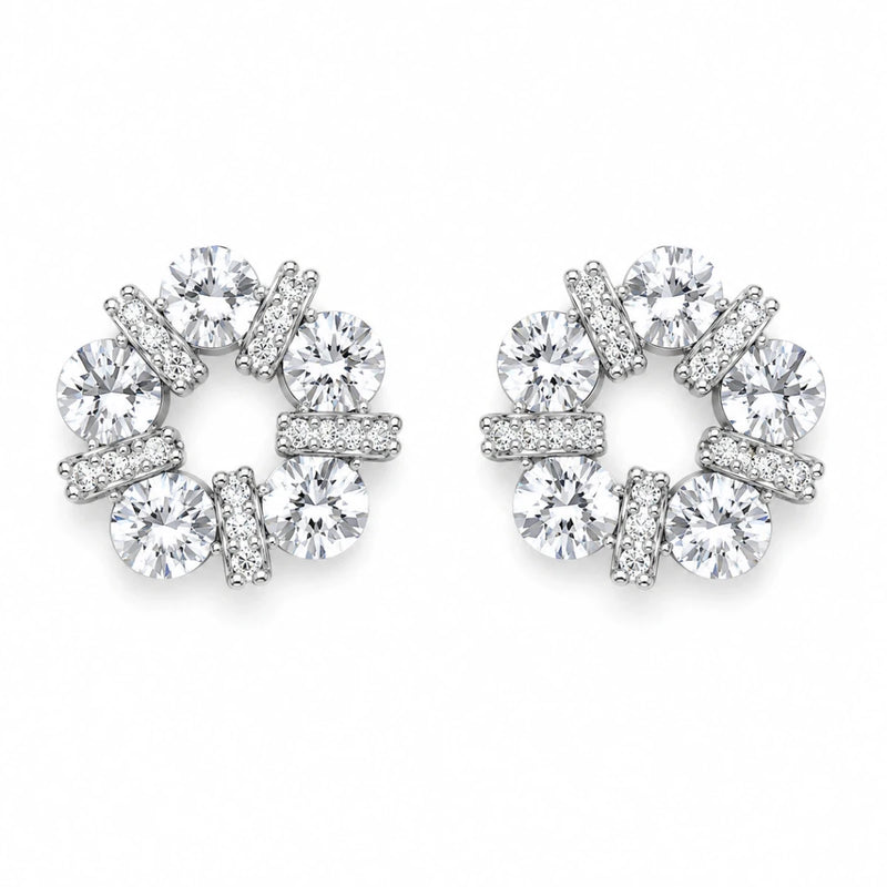Silver halo circle bar stud earrings with round crystal stones, prong-set.
