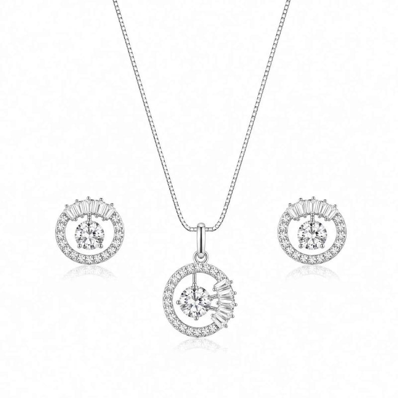 925 silver halo crystal pendant with round halo design and matching stud earrings