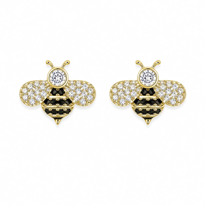 Honey bee zirconia stud earrings in gold tone with sparkling round stones