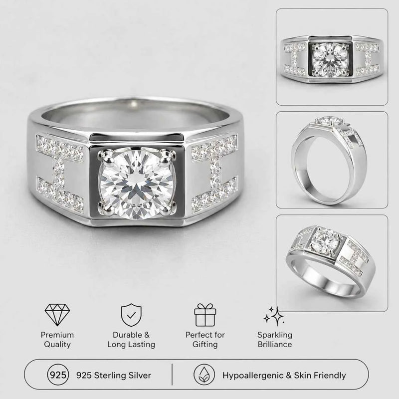 925 silver ring with large square center stone and side sparkle stones