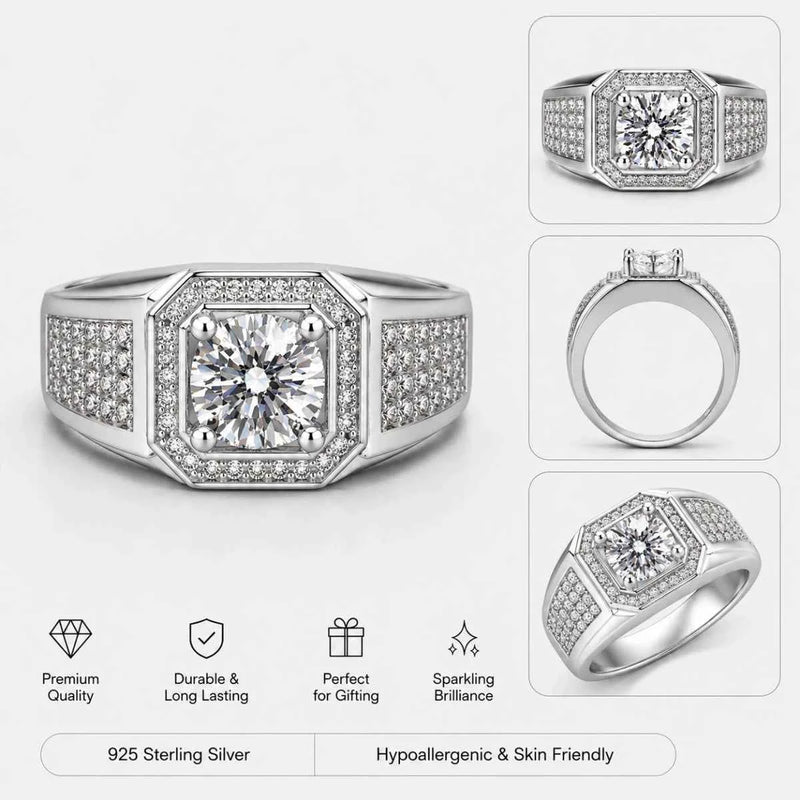 925 sterling silver ring with octagonal halo, pavé details, and round center gemstone