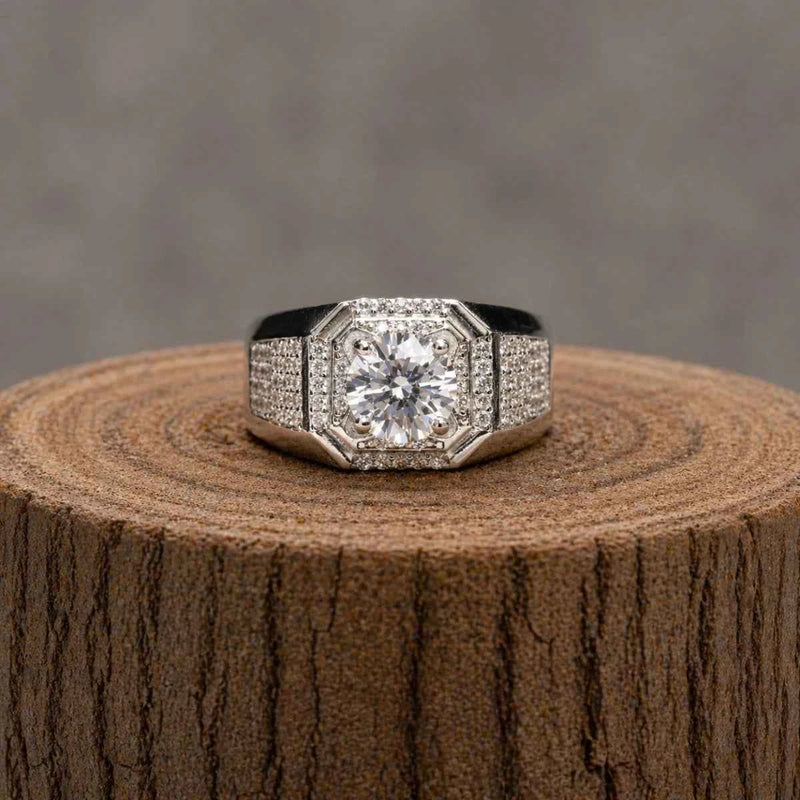 Silver 925 ring with octagonal halo and round center gemstone, pavé accents