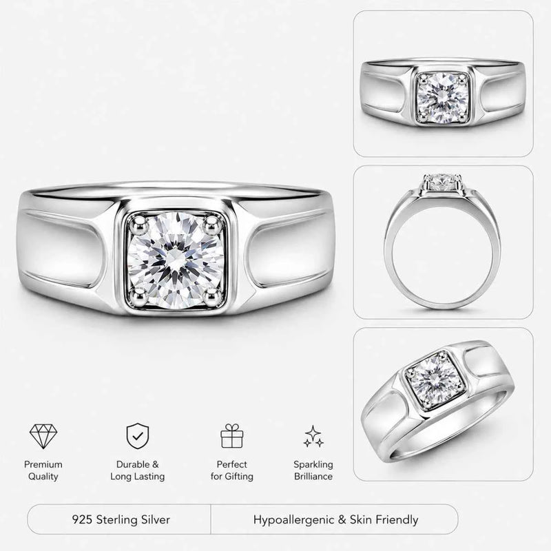 Sterling silver ring with square-cut center stone, polished band, front and side views