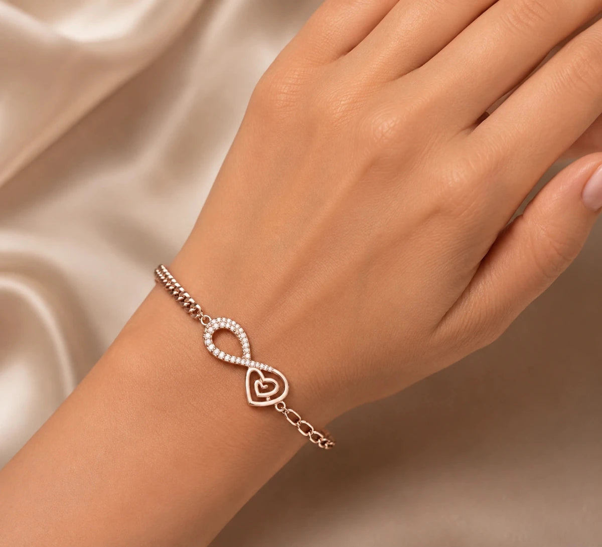 Infinite Heart Rose Gold Plated Sterling Silver Bracelet - Silvorn India