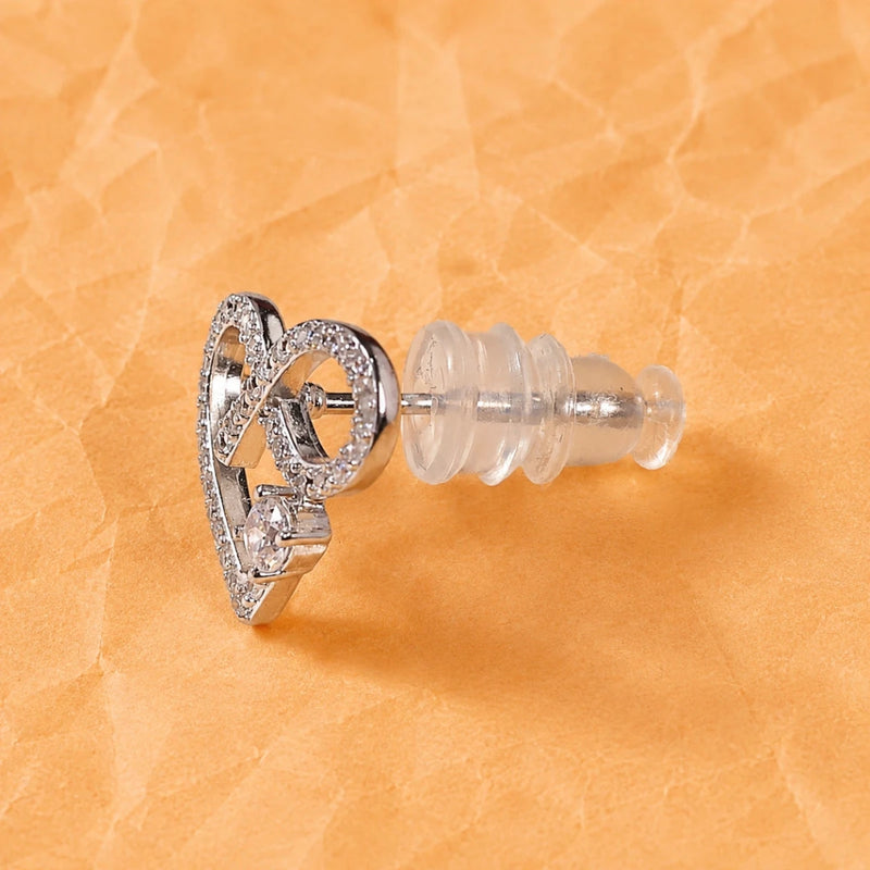 Silver-tone infinity heart stud earring with backing post and pavé crystal border