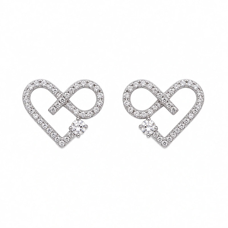 Infinity heart stud earrings with round crystal center and pavé sparkle, silver-tone