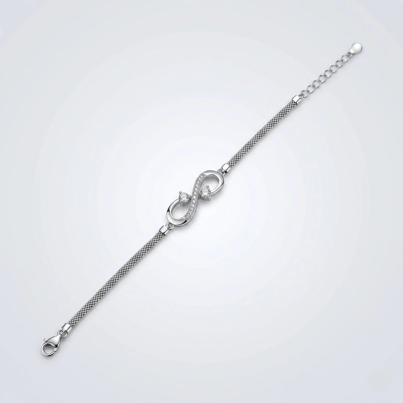 925 silver infinity bracelet with double-loop centerpiece on mesh chain