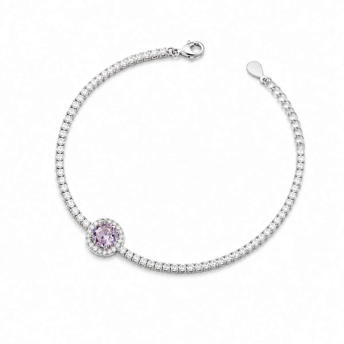 925 silver bracelet with round lavender crystal charm and silver clasp, flat lay