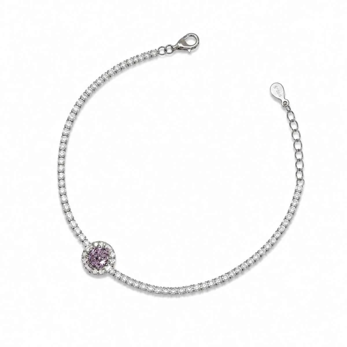 925 silver bracelet with lilac gemstone cluster and crystal tennis links