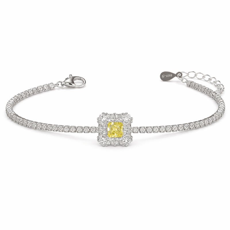 925 silver tennis bracelet with square yellow center halo and round pavé stones