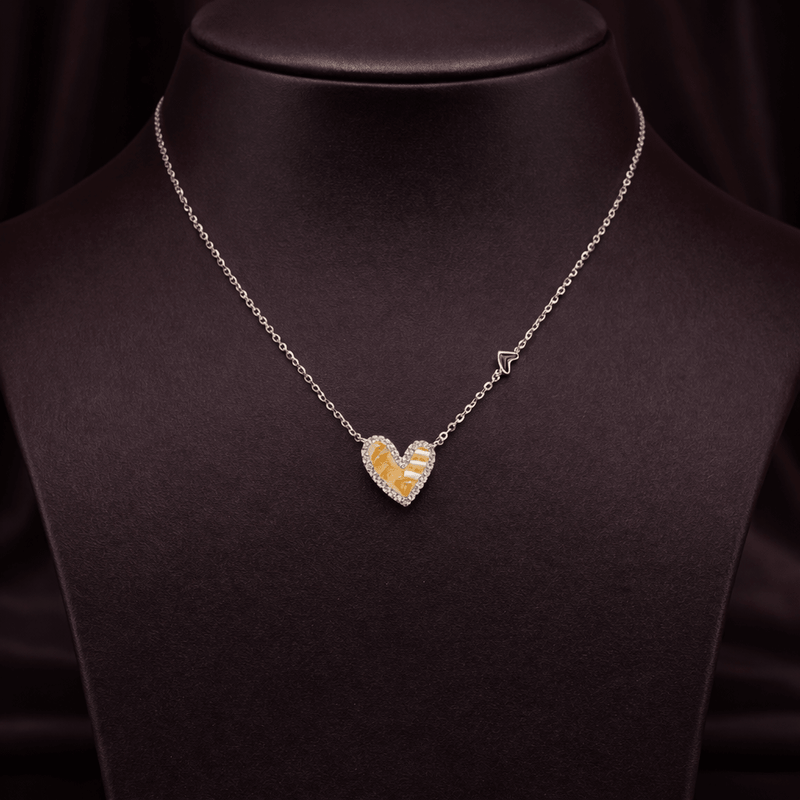 925 silver two-tone pave heart pendant necklace on chain with yellow and clear stones