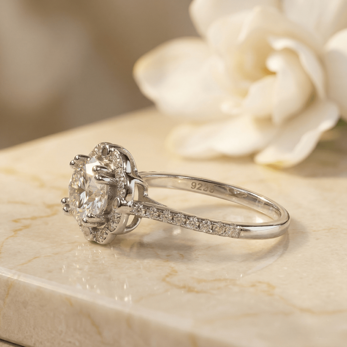 Luna Bloom Silver Halo Ring with Brilliant Center Stone - Silvorn India