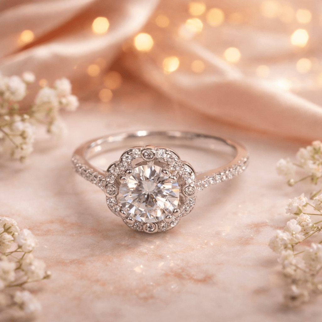 Luna Bloom Silver Halo Ring with Brilliant Center Stone - Silvorn India