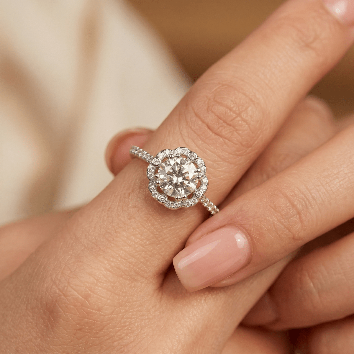 Luna Bloom Silver Halo Ring with Brilliant Center Stone - Silvorn India