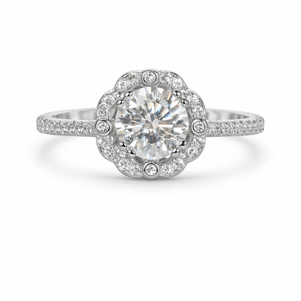 Luna Bloom Silver Halo Ring with Brilliant Center Stone - Silvorn India