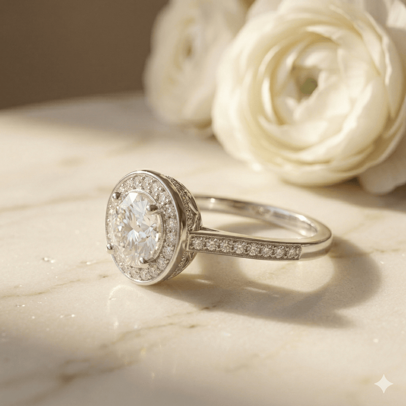 Round halo engagement-style ring with pavé band and clear center stone