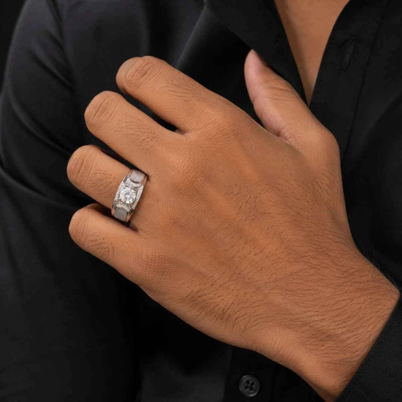 Lunar Crest ring on hand, square pavé detail with a round center stone in silver tone
