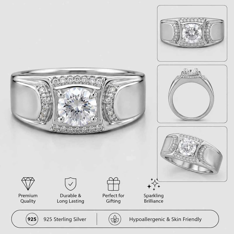 Lunar Crest sterling silver ring with round center stone, pavé band, and cushion side motifs