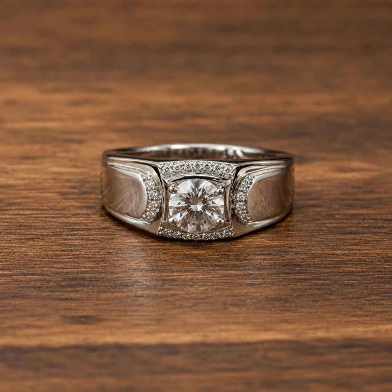 Lunar Crest ring with oval setting, round center stone, and diamond-like side accents