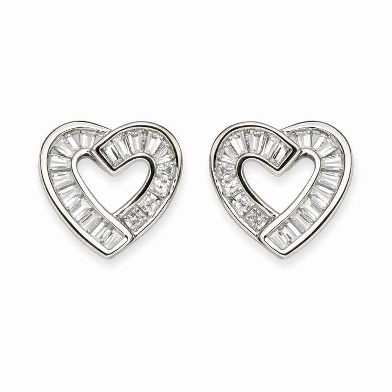 Pair of 925 silver heart crystal stud earrings with baguette-cut clear stones