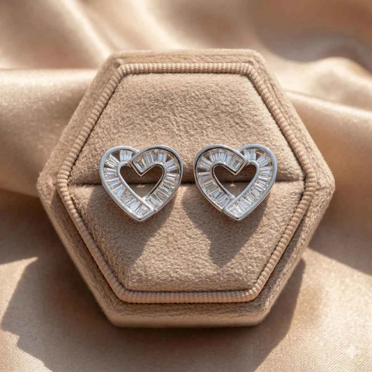 Luxe Interlocked Heart Baguette Crystal Stud Earrings - 925 Silver Jewelery