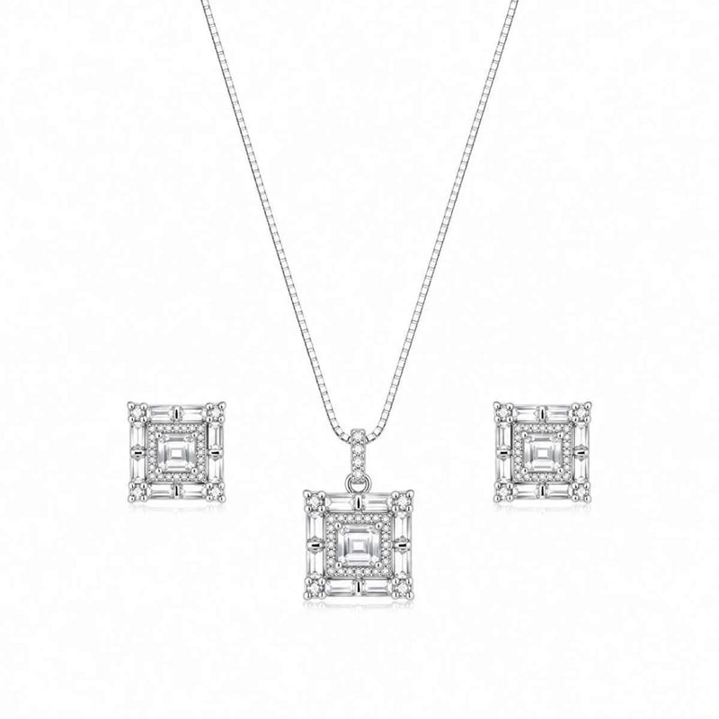 Asscher-cut crystal pendant set, three square pendants with 925 silver chains