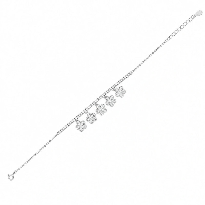 925 silver tennis bracelet with linked quatrefoil charm stations and lobster clasp